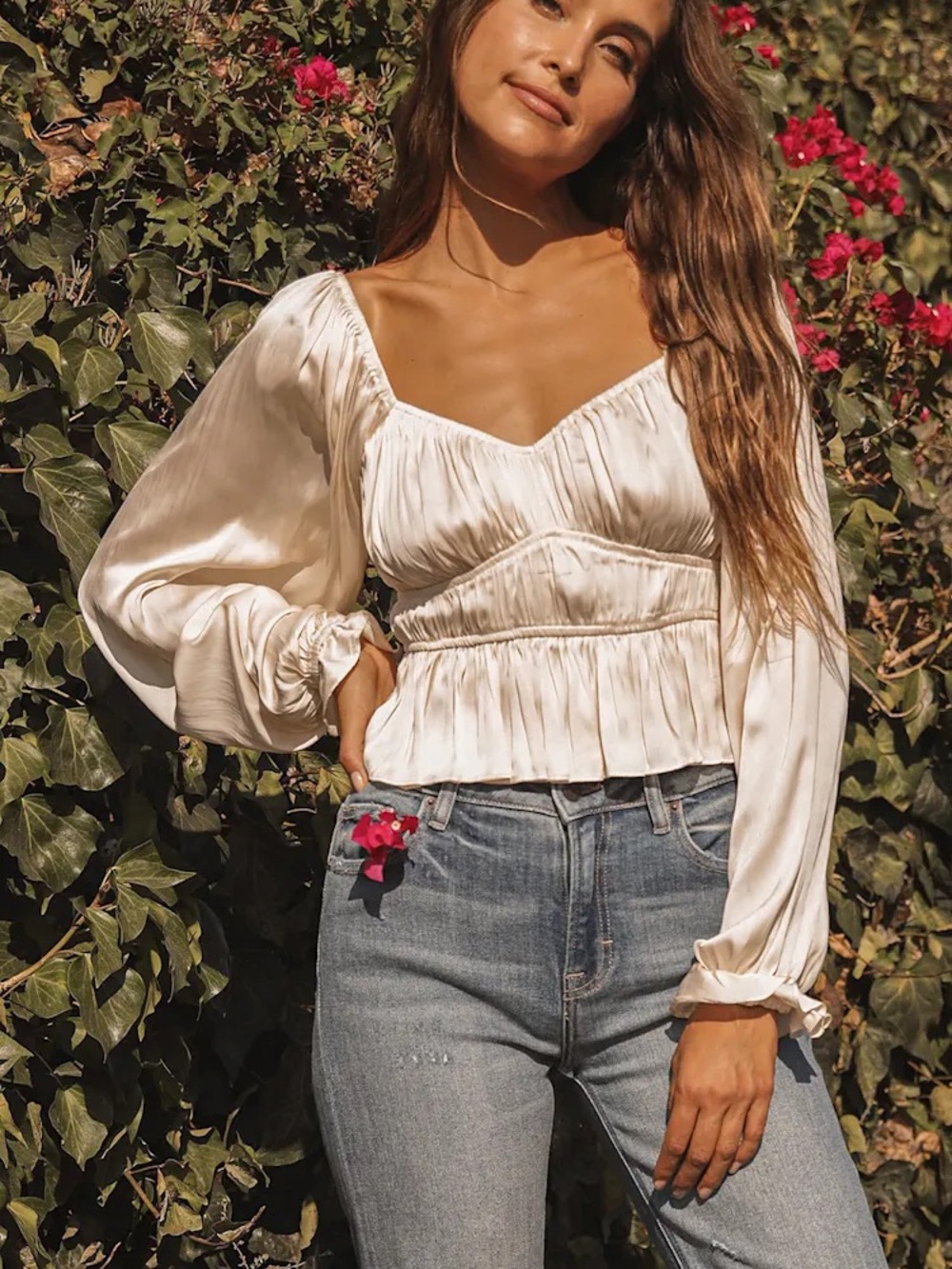Lulus | Sophisticate Cream Satin Ruched Long Sleeve Top